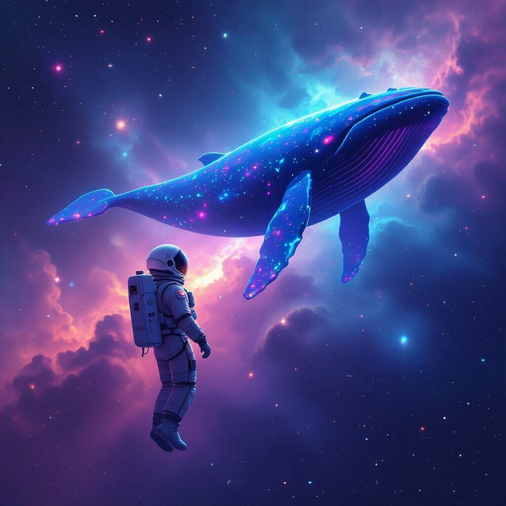 Astronaut and Bioluminescent Space Whale in Nebula