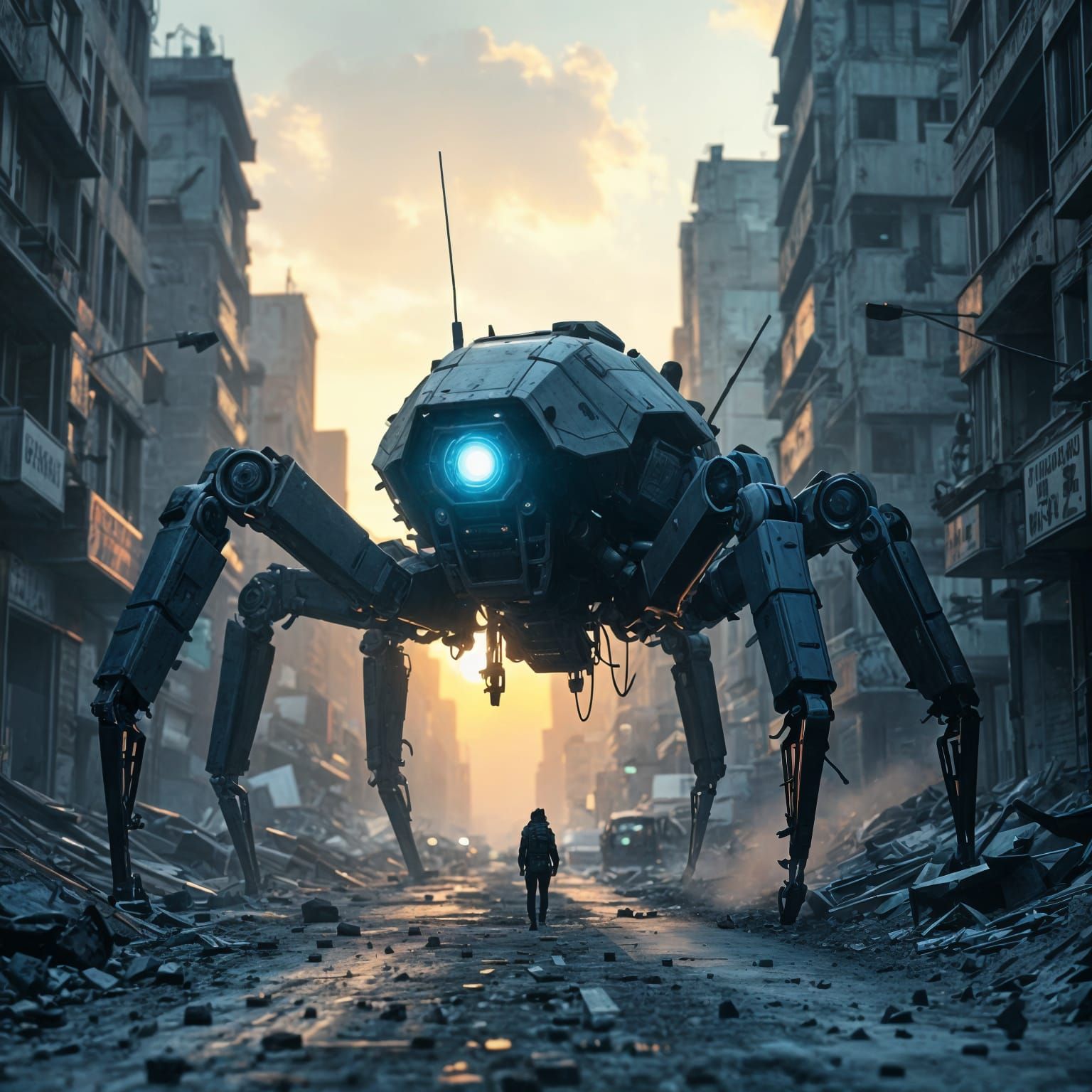 Sci-Fi Robot Scavenger in Ruined City
