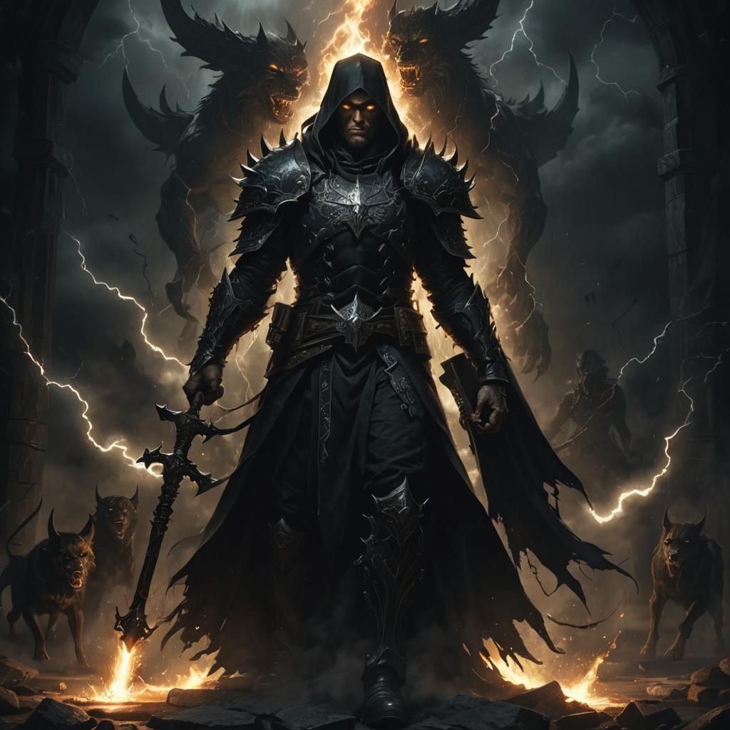 Mysterious Figure with Hellhounds in Dark Fantasy Art