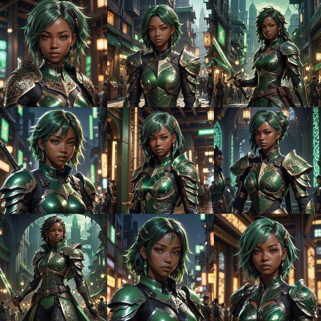 African American Teenage Girl in Cyberpunk Final Fantasy Att...