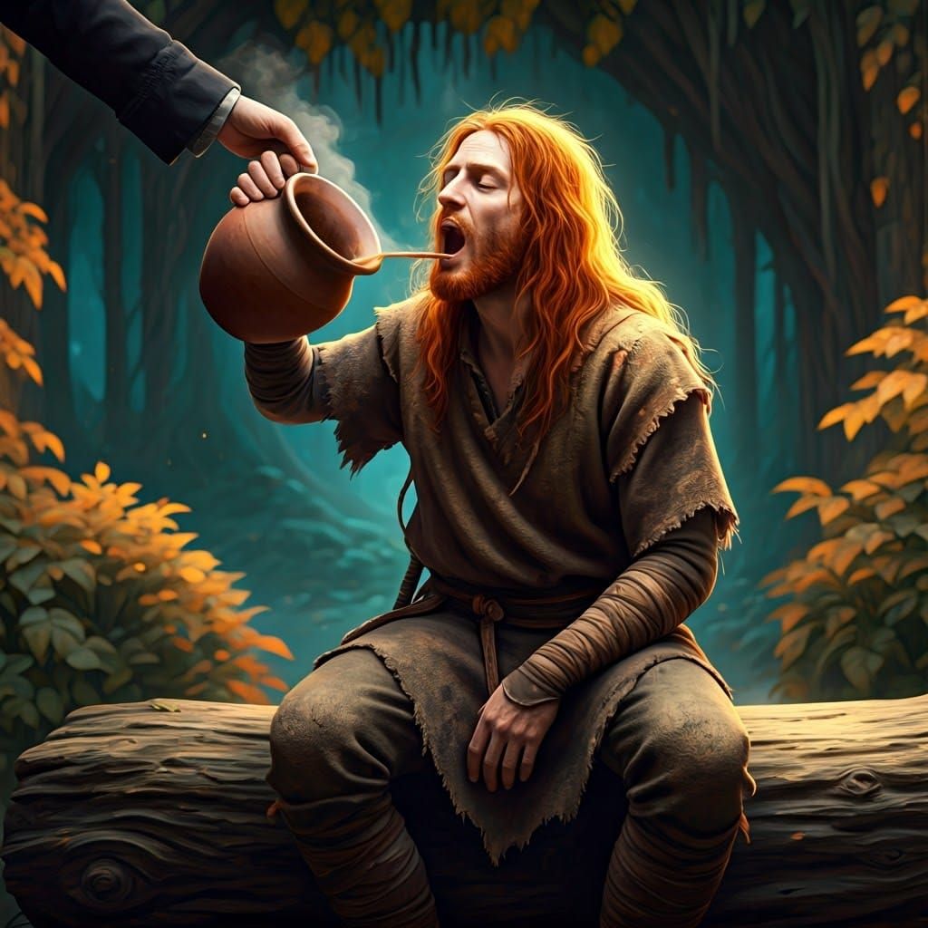 Ancient Man Fed Soup in Anime Style, 8k