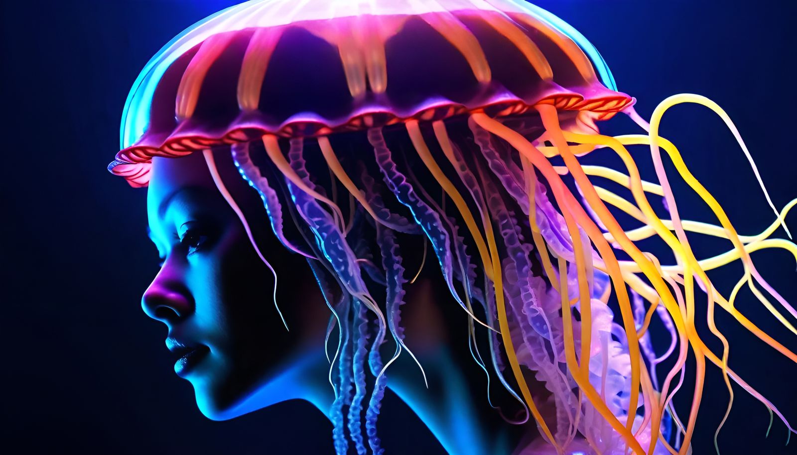Sea Goddess Portrait with Neon Jellyfish