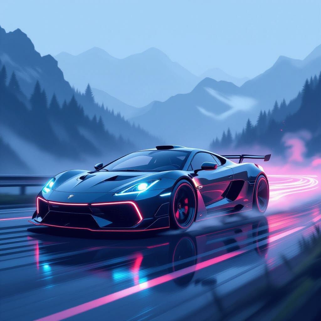 Neon Sports Car Drifting on Misty Mountain Pass