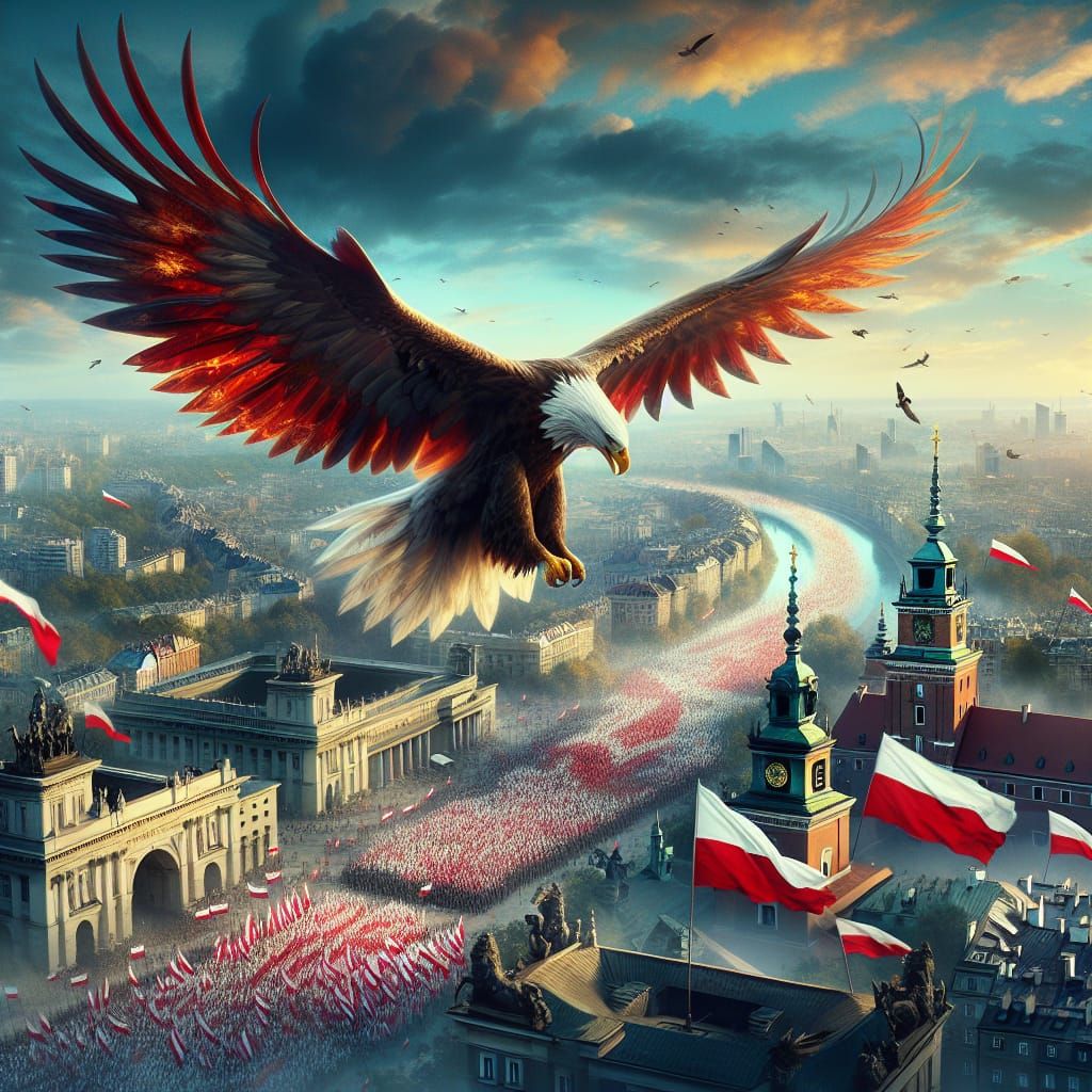 Polish Eagle Soaring Over Warsaw: 8K Hyperrealistic Image