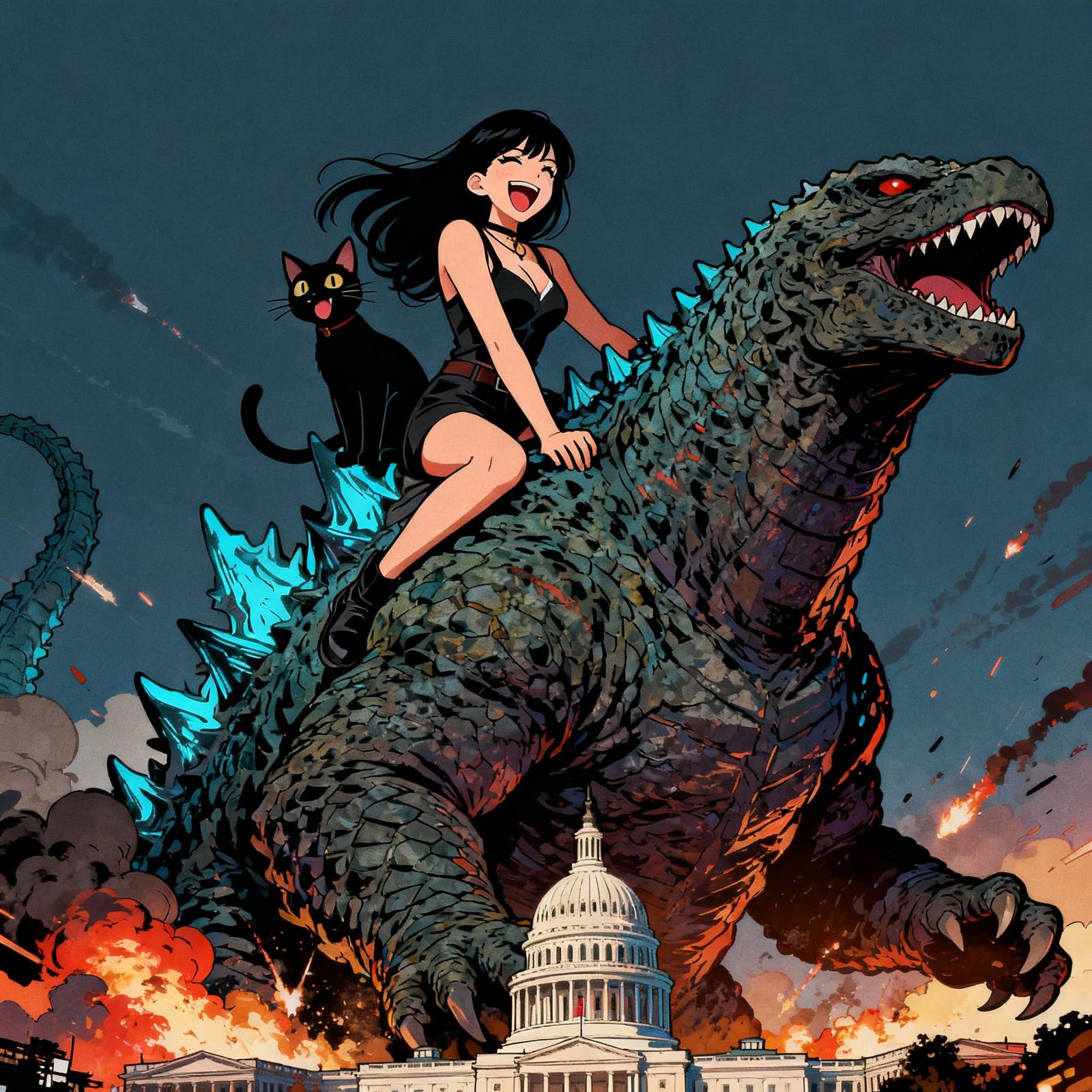 Woman and Cat Ride Godzilla Attacking Washington DC in Anime...