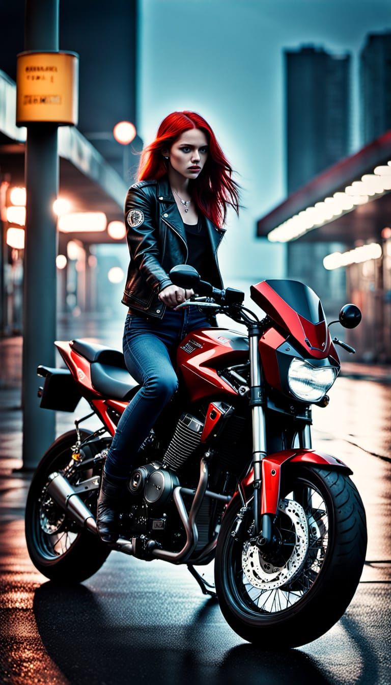 Glamorous Biker Chick Walks Away from Motorcycle at Night