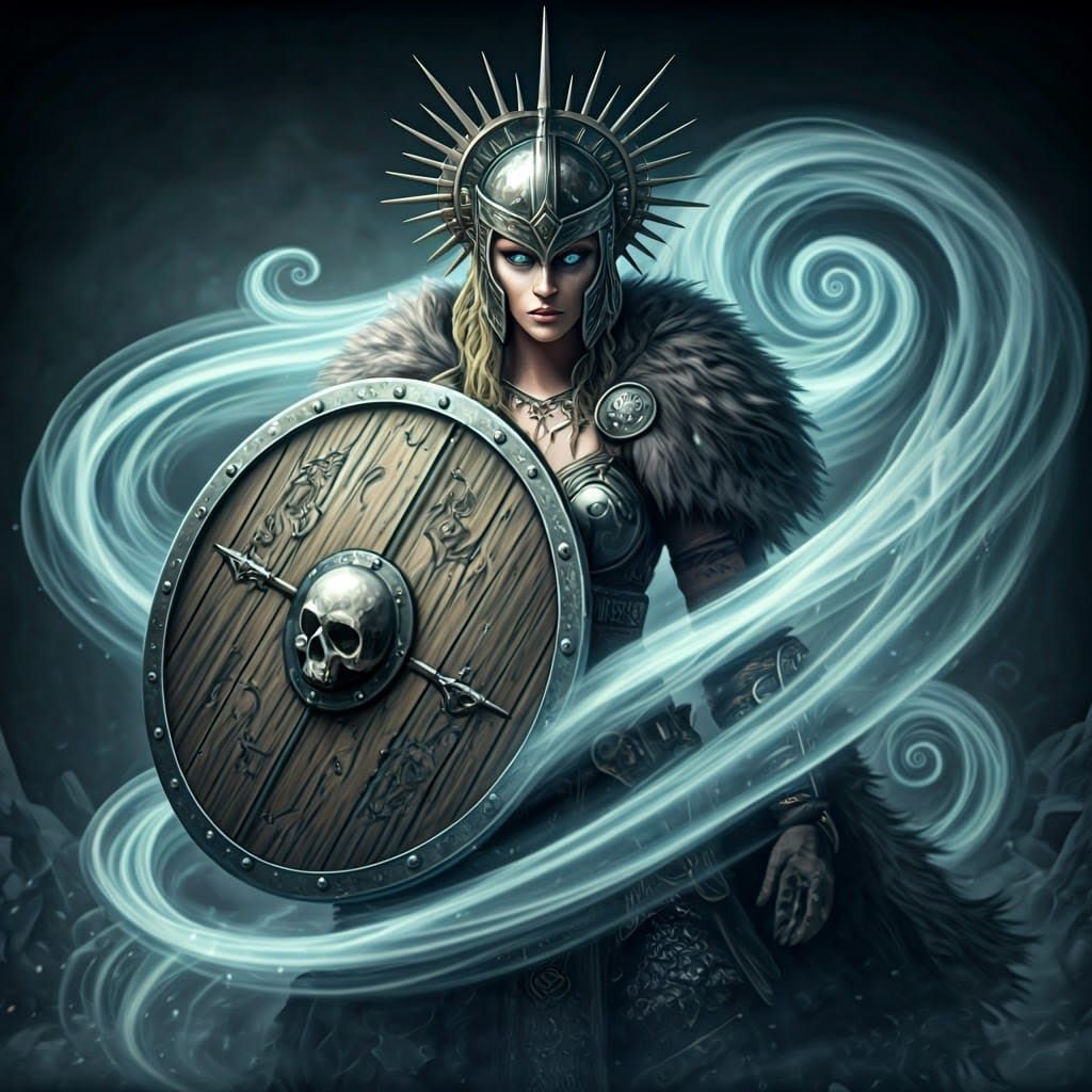 Elegant Viking Warrior in Battle Stance with Engraved Shield