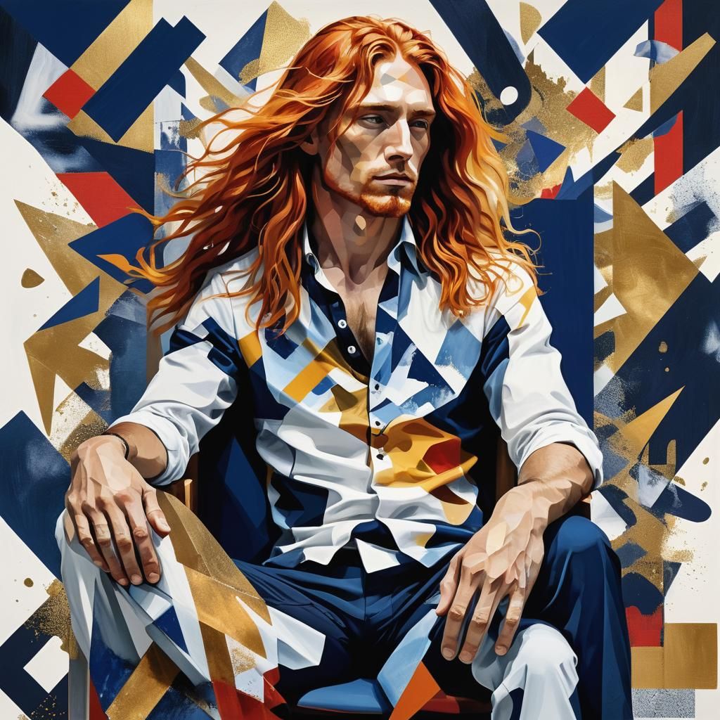 Surreal Collage Art: Red-Haired Man in Geometric Abstraction
