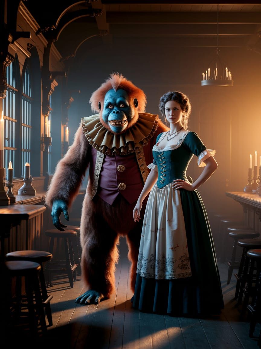 Menacing Zombie Orangutan Clown in 18th Century British Pub