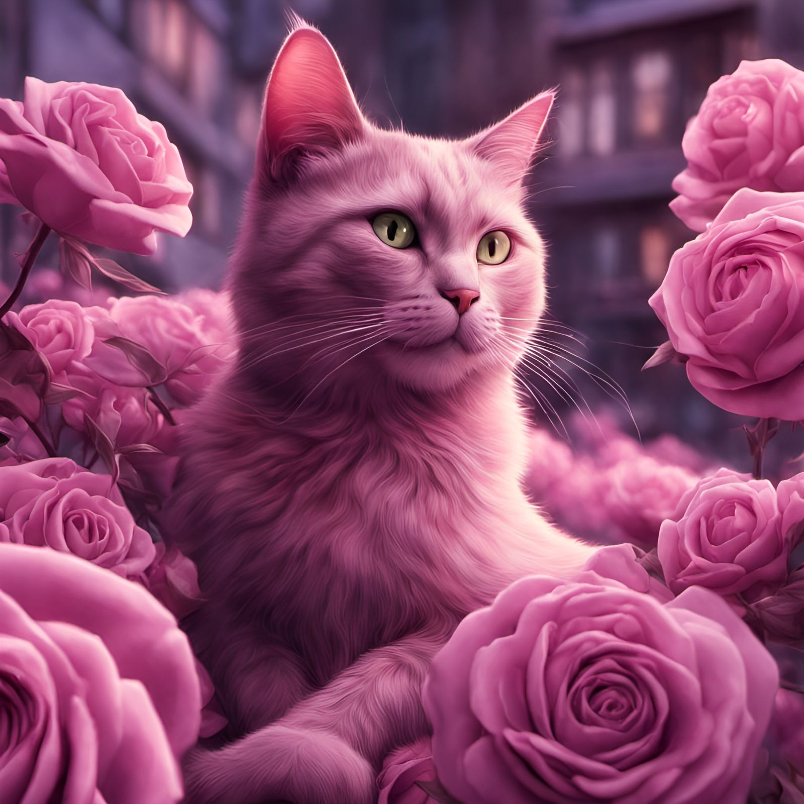 Cartoon Cat in Pink and Purple Tones