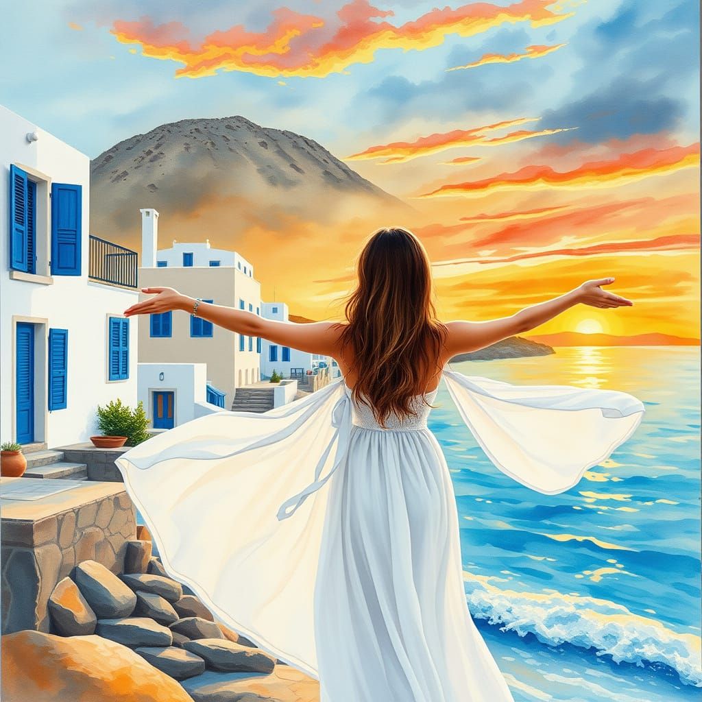 Greek Sunset with Woman in Watercolor