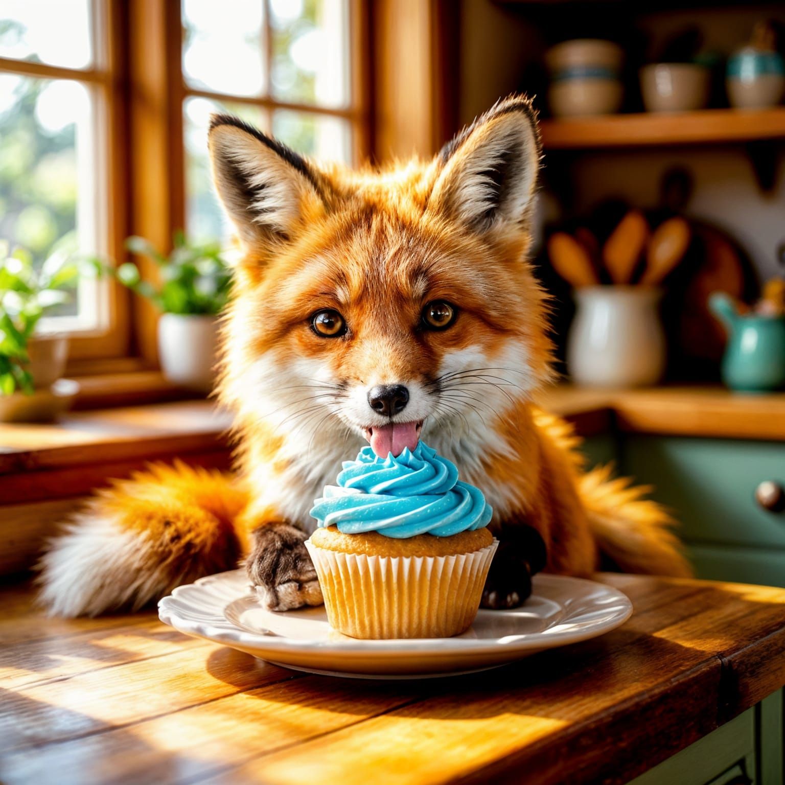Adorable Fox Enjoys Cupcake in Cozy Cottage Kitchen
