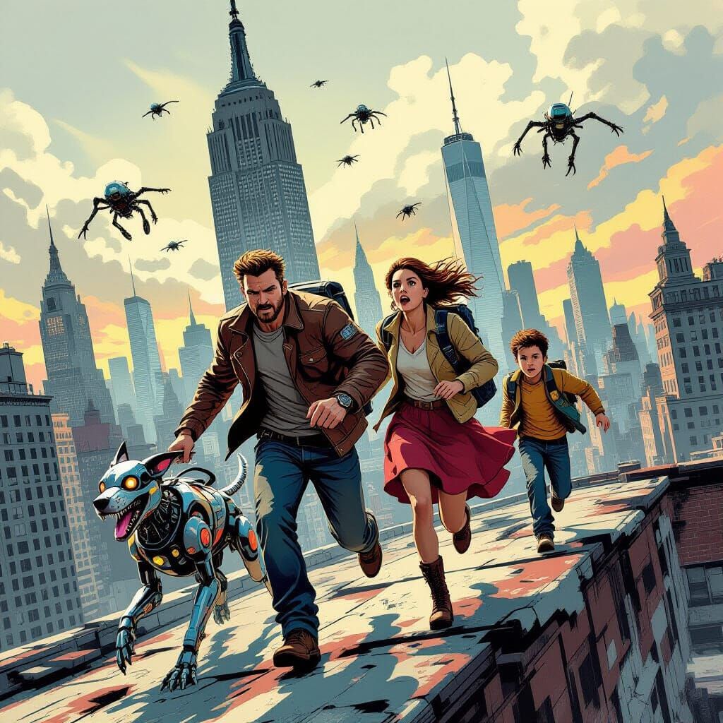 Family Running from Robots in Ruined City, Comic Book Style