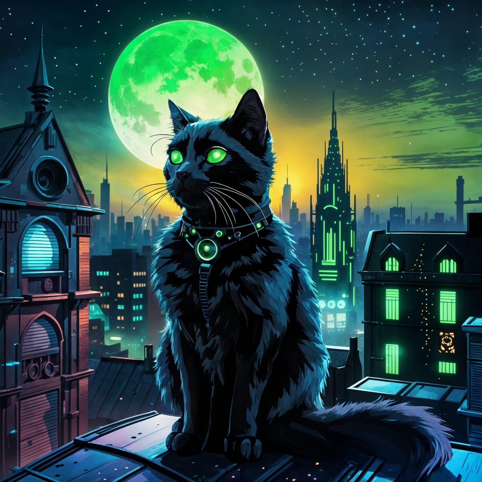 Cybernetic cat under a green moon