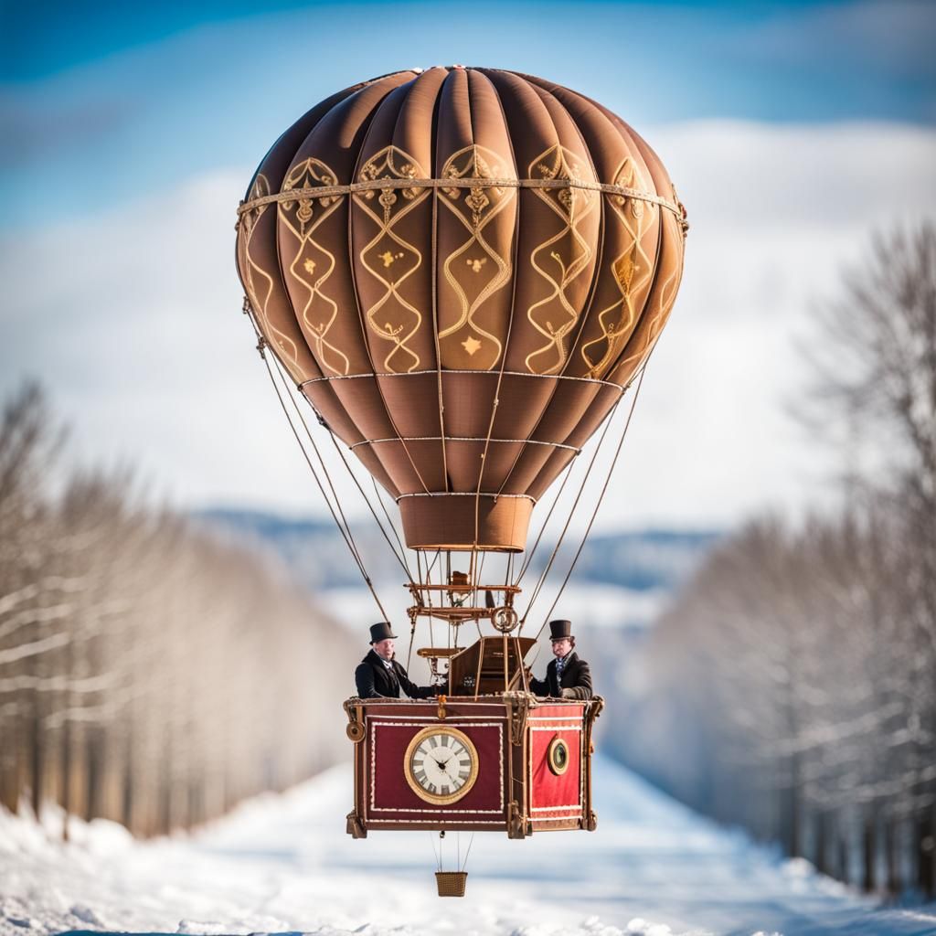 Phileas Fogg's Steampunk Balloon Flight Over Snowy Winter