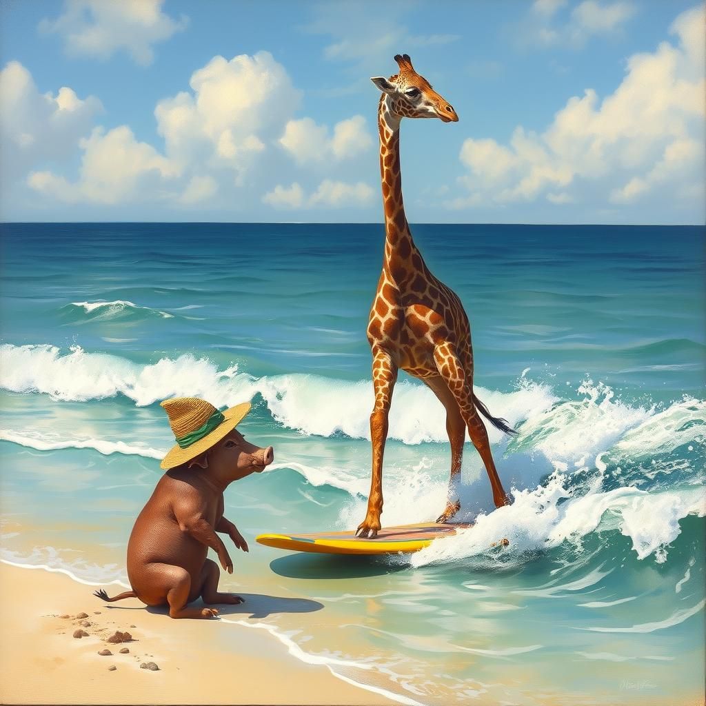 Giraffe Surfing with Pig Spectator, Gurney Style