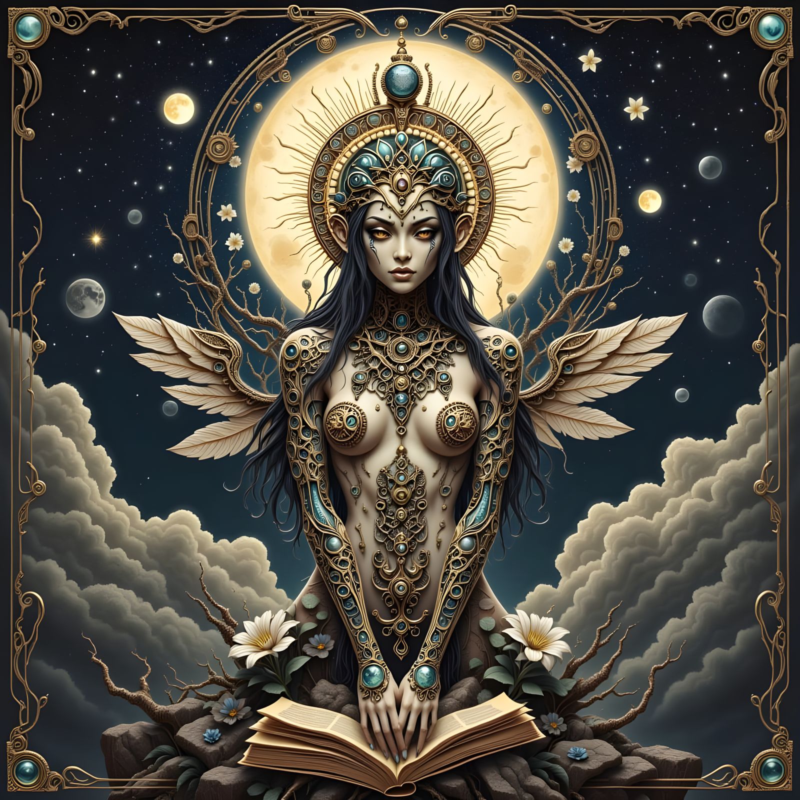 <lora:Les:1.0> <lora:Moony:1.0> <lora:Aleks 2p0:1.0> Moon goddess, tattoos and jewelry. Detailed