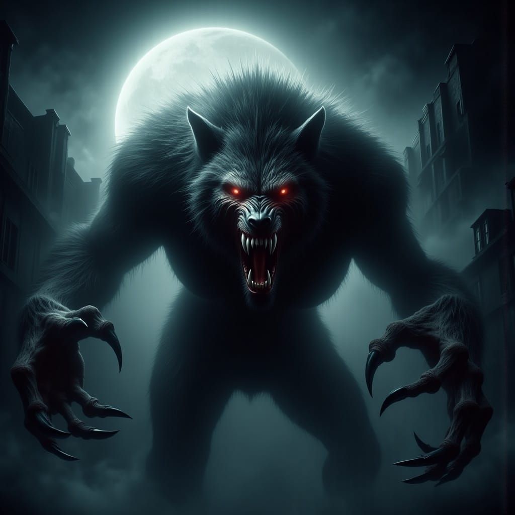 Surreal Horror Werewolf Emerges from Fog under Full Moon
