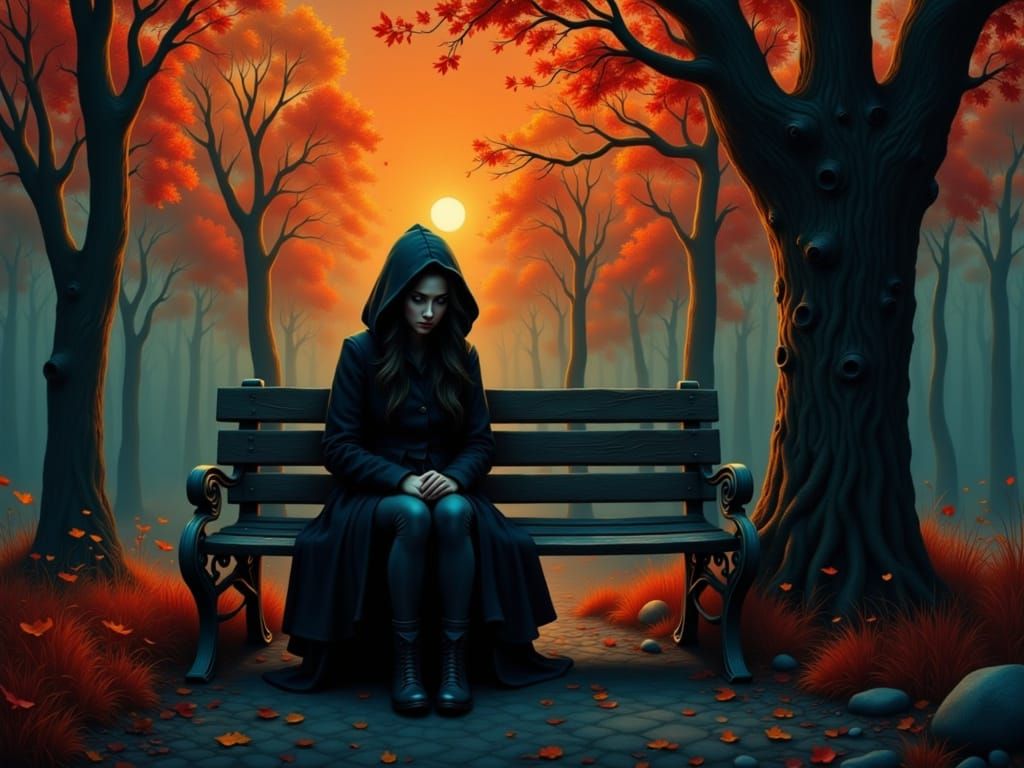 Sorrowful Woman Confronts Dark Reflection in Haunting Park B...