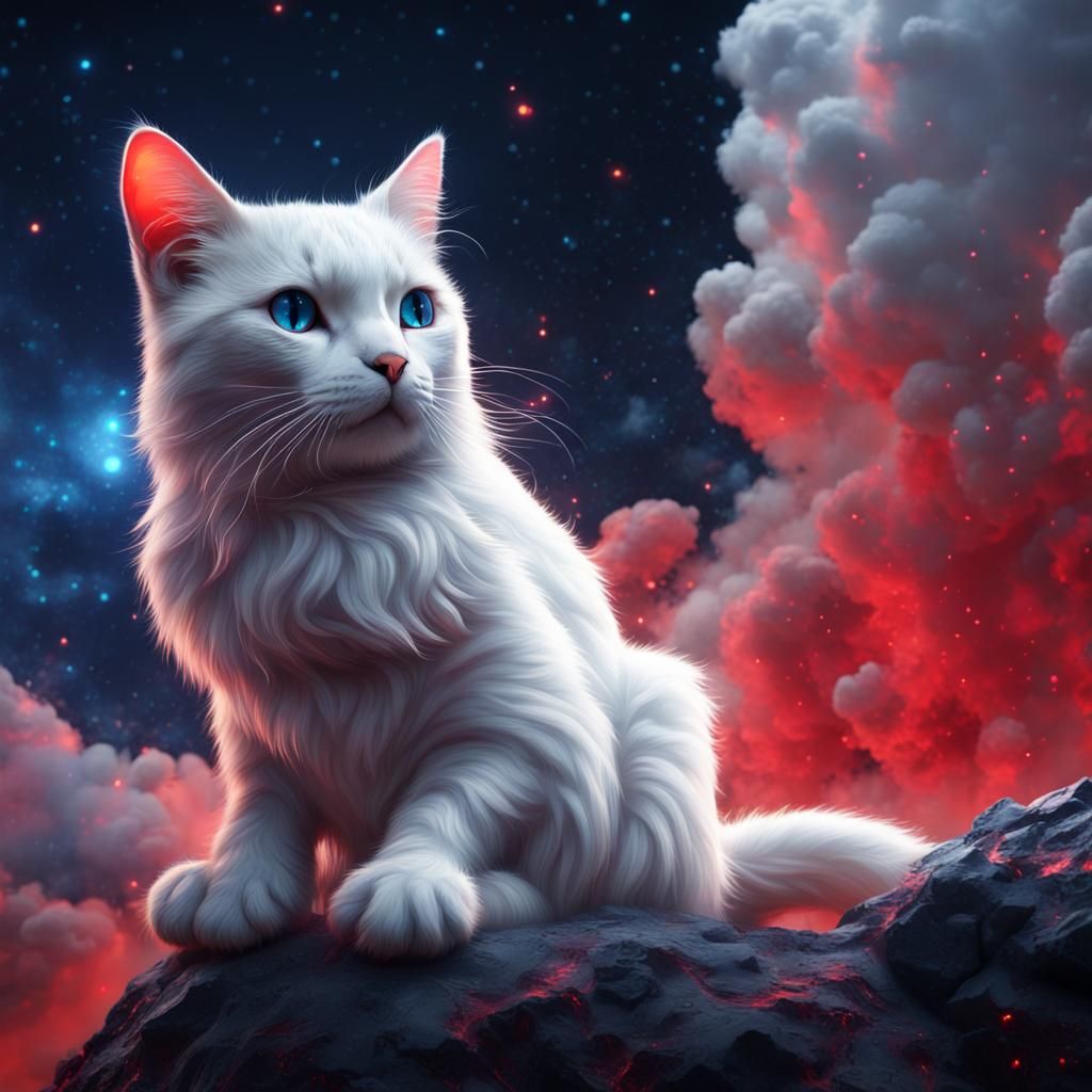 Neon Cat on Cloud Gazing at Stars