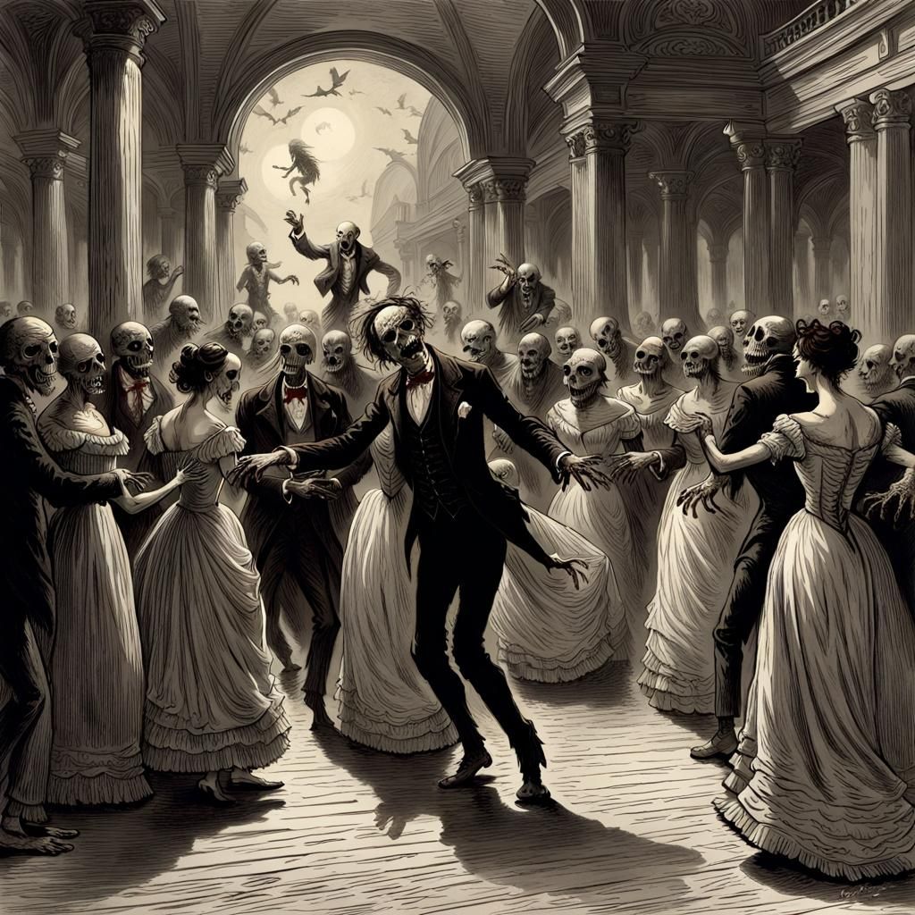 Zombie Dance Ball in Horror Engraving Style