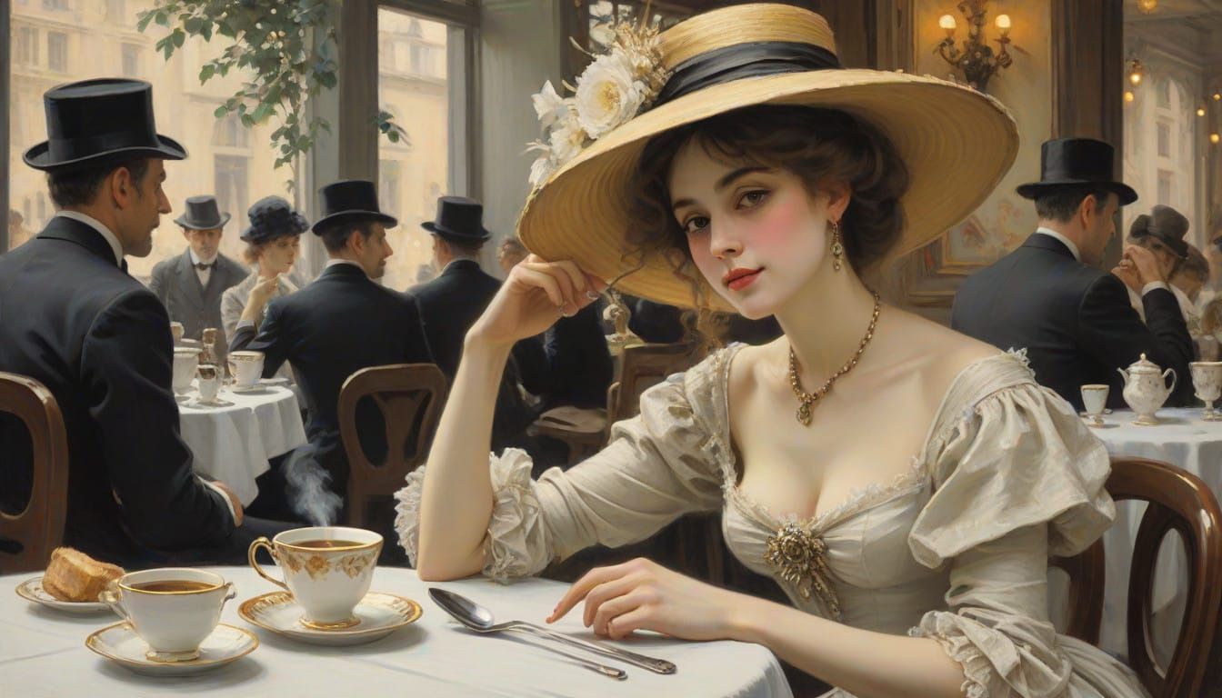 Elegant Woman Sipping Coffee at Jacamotte Cafe in Bruxelles...