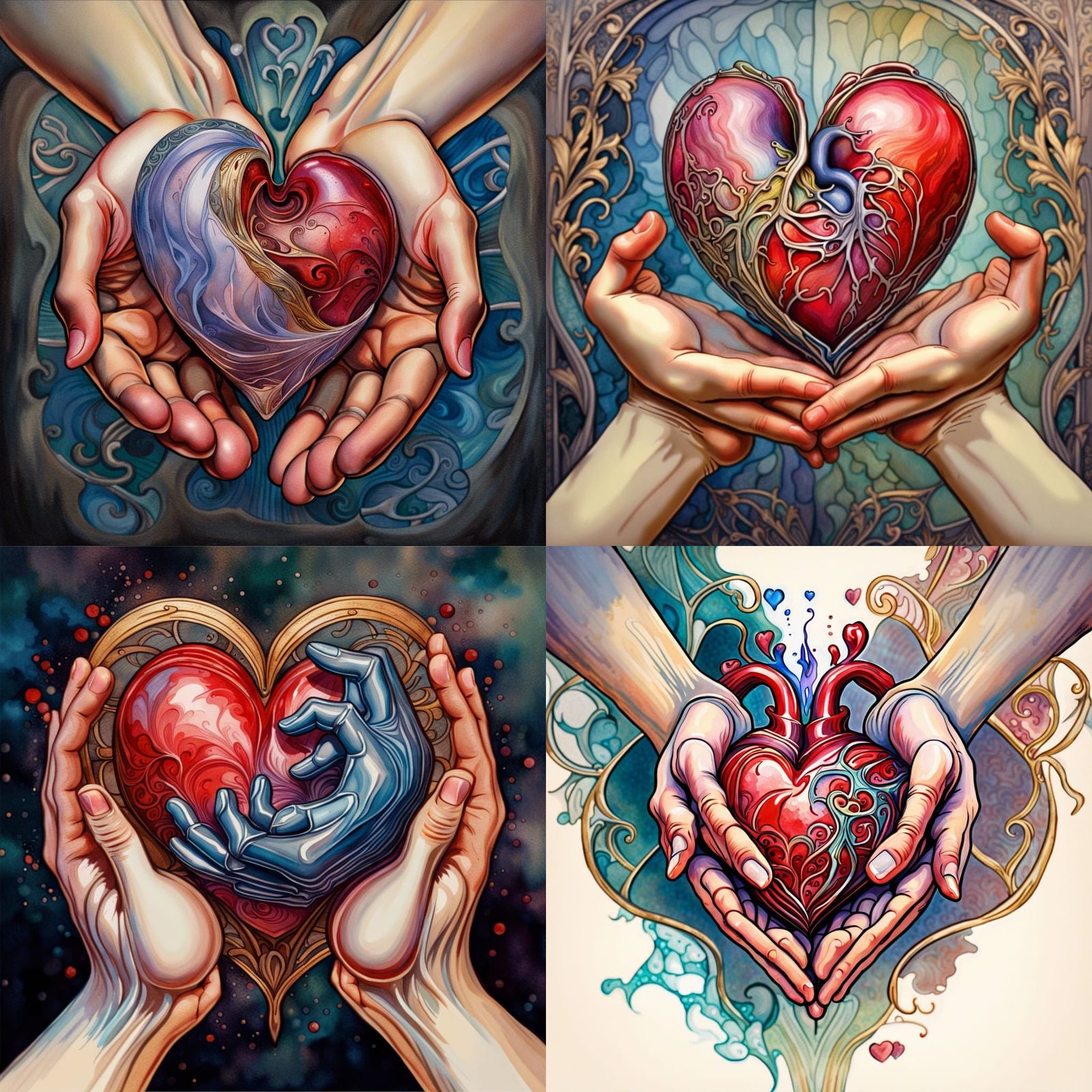 Renaissance Heart Held in Hands, Art Nouveau Style