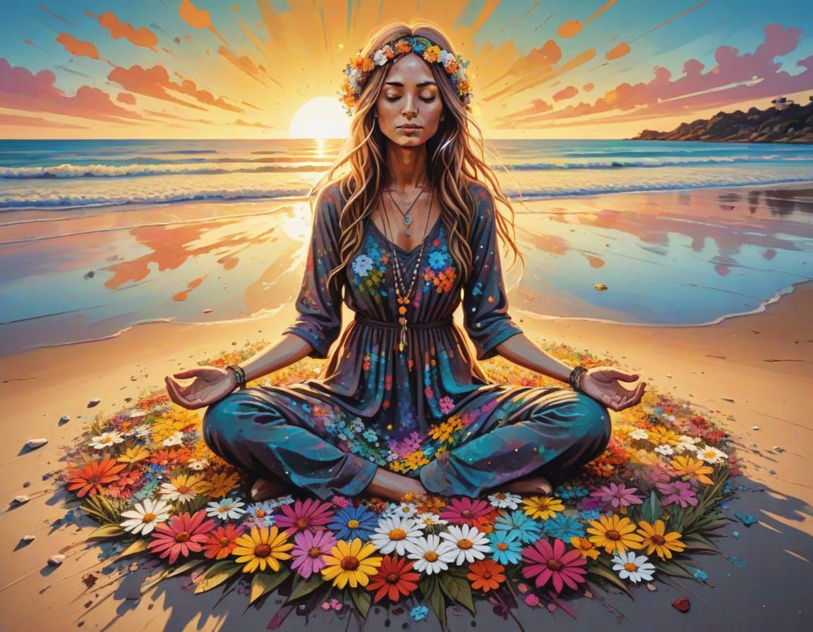 Flower Child Meditating on Beach in Graffiti Art Style