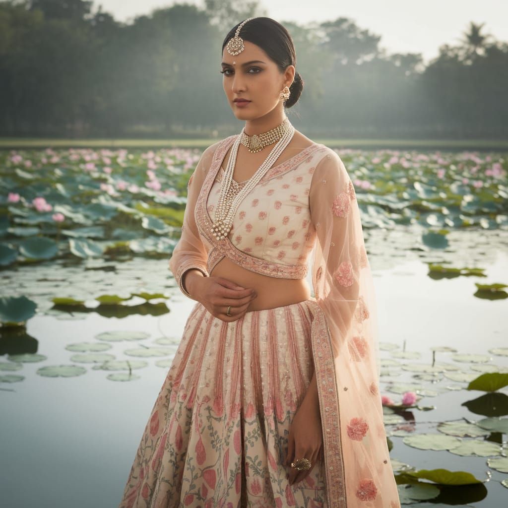 A graceful North Indian model in her 20s wearing a silk lehe...