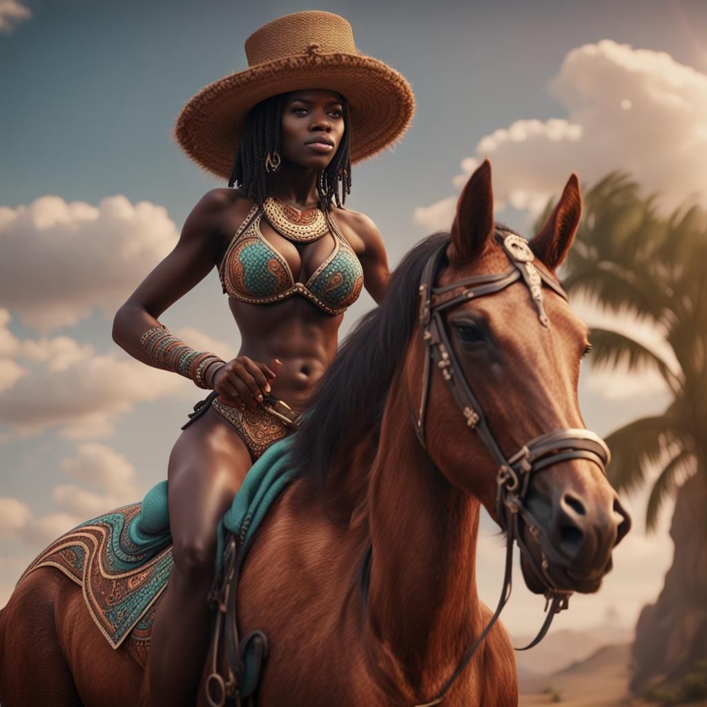 Nigerian Woman on Horse: Detailed Fantasy Art