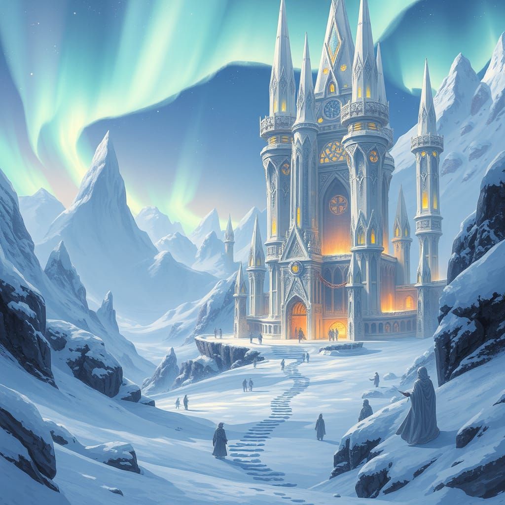 Ethereal Snow Elf City Under Aurora Borealis
