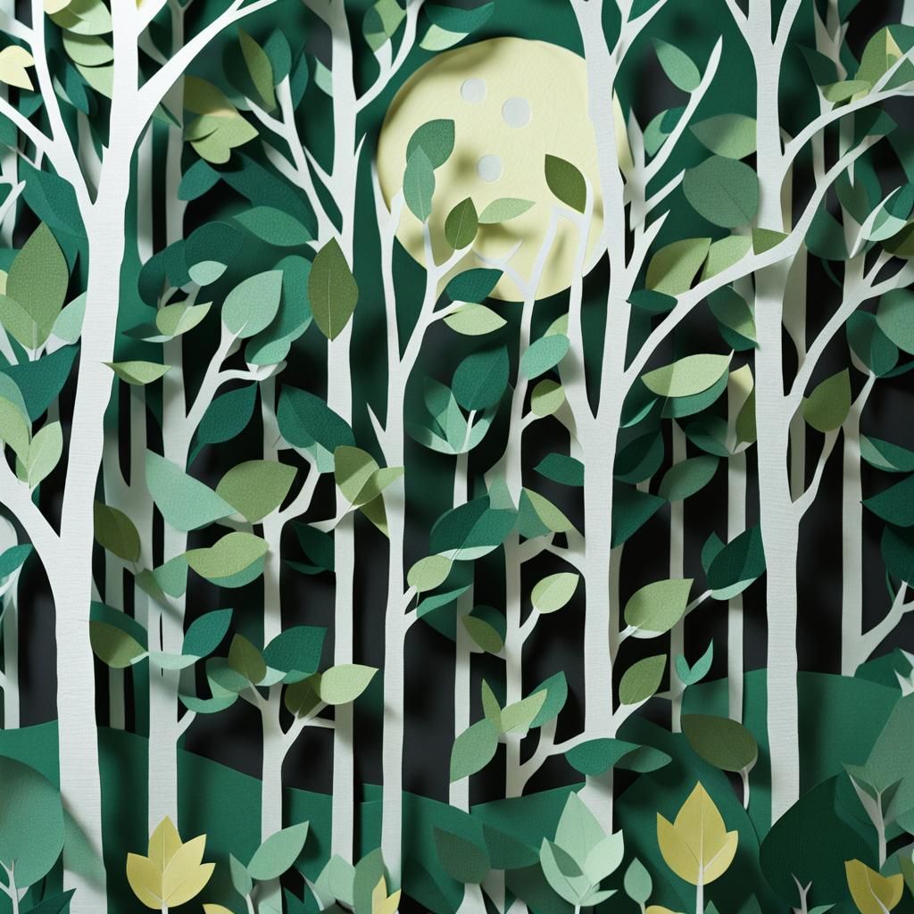 Moonlit Birch Forest in Paper Cut Art Style