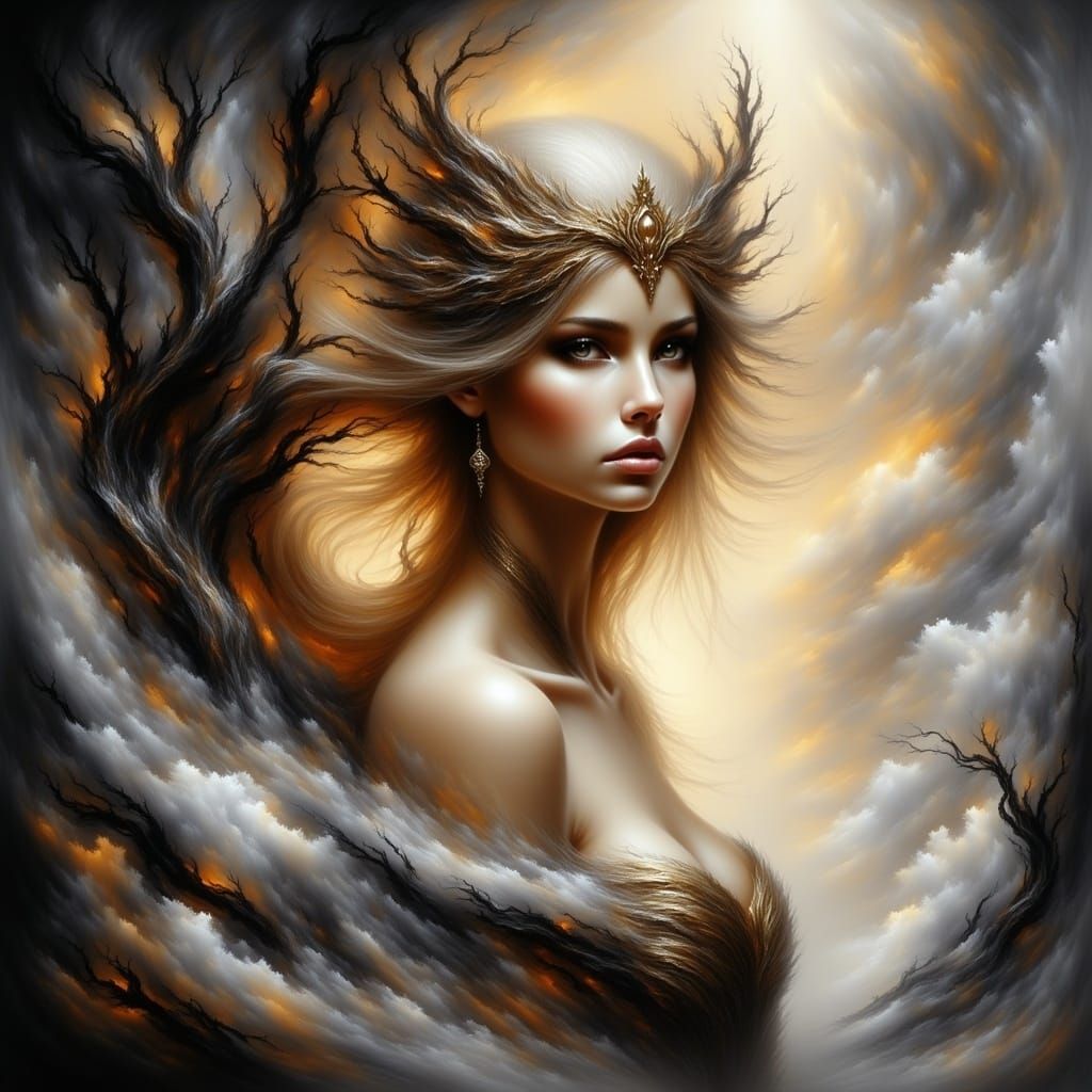 Ethereal Oil Painting of Blond Elf Queen with Elven Majesty