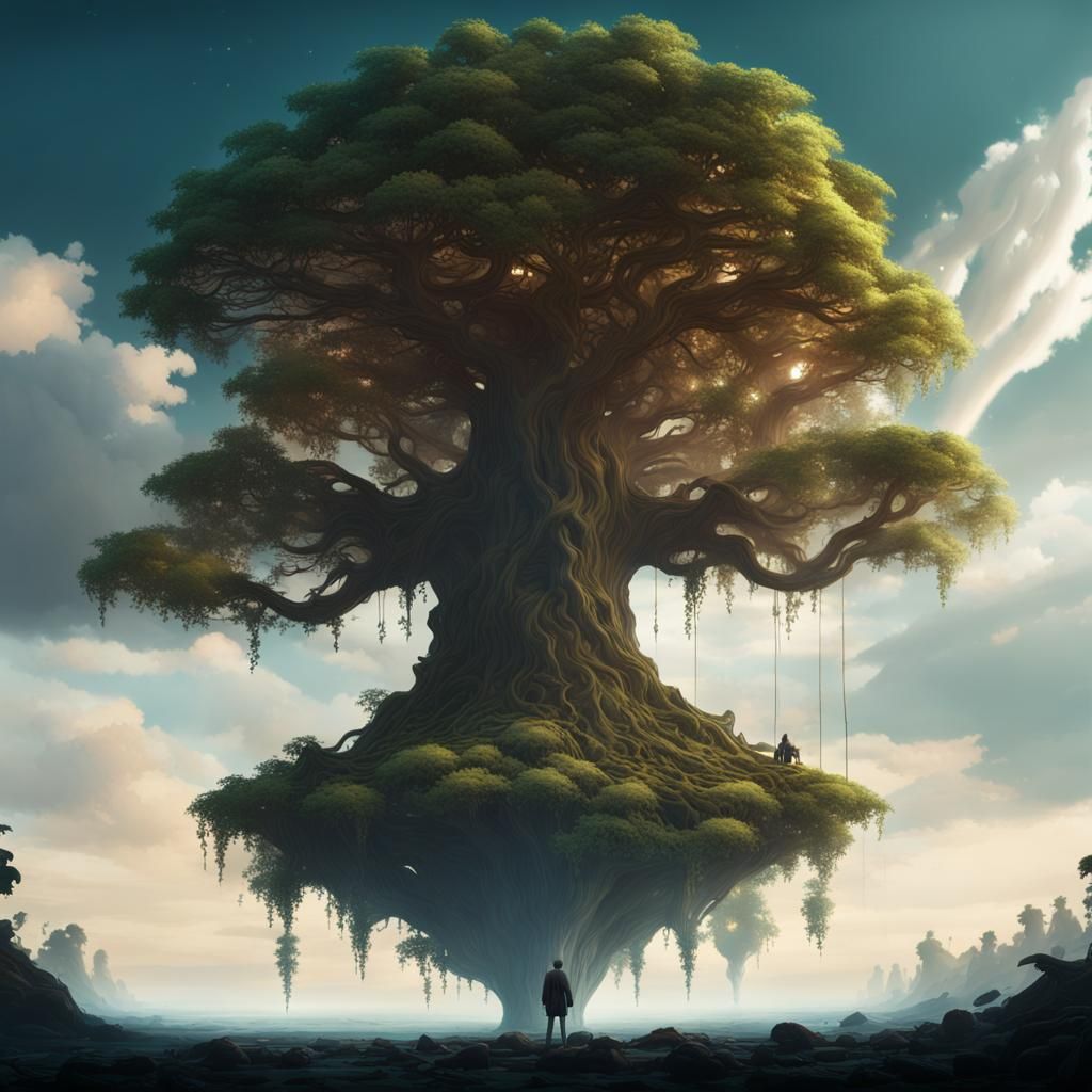 Floating Forest Giant Tree Silhouette in Fantasy Art