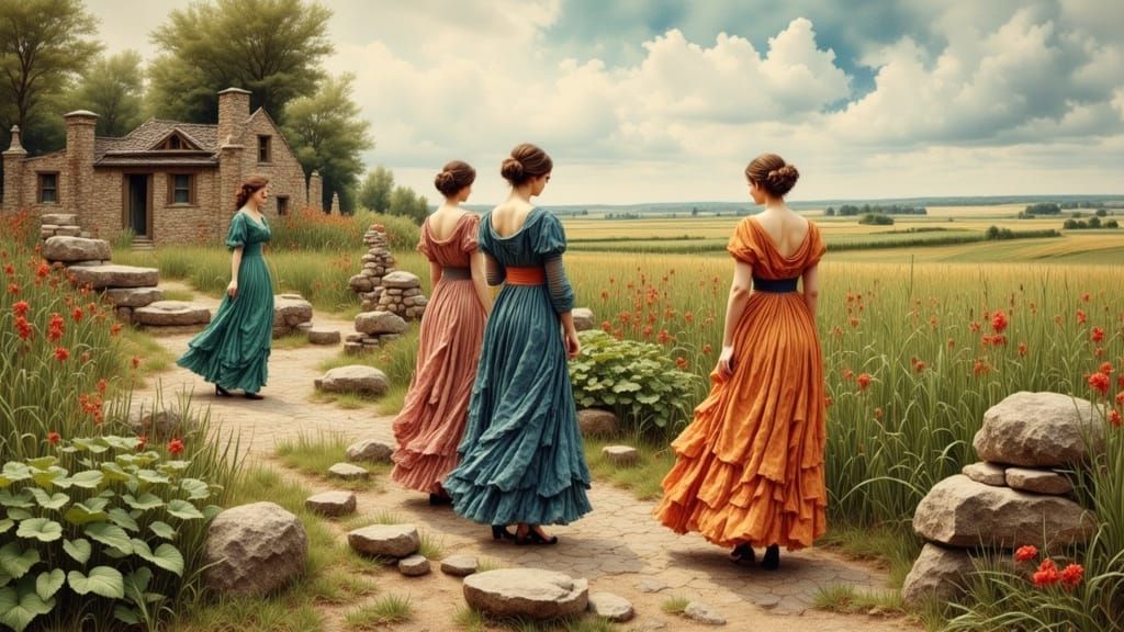 Women Stone Breakers in Victorian Dresses, Realistic Art