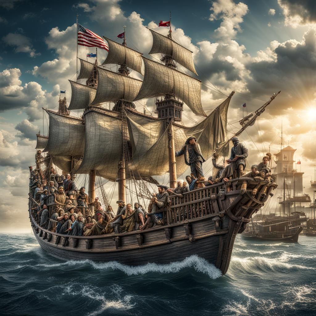 Hyperrealistic Image of Christopher Columbus and Crew