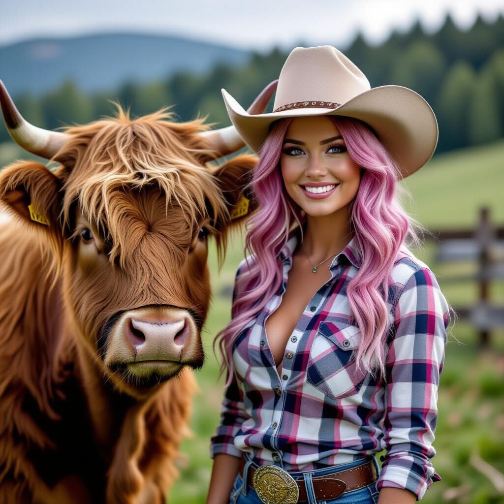 Cowgirl and Highland Cow in Cinematic Film Still