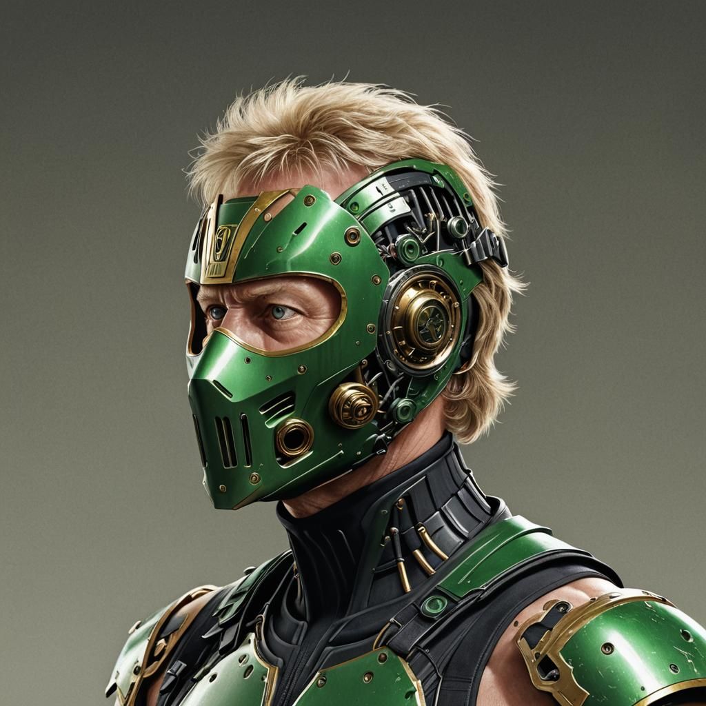 Larry Bird wearing a mechanical green mask, Android, AI, Pho...