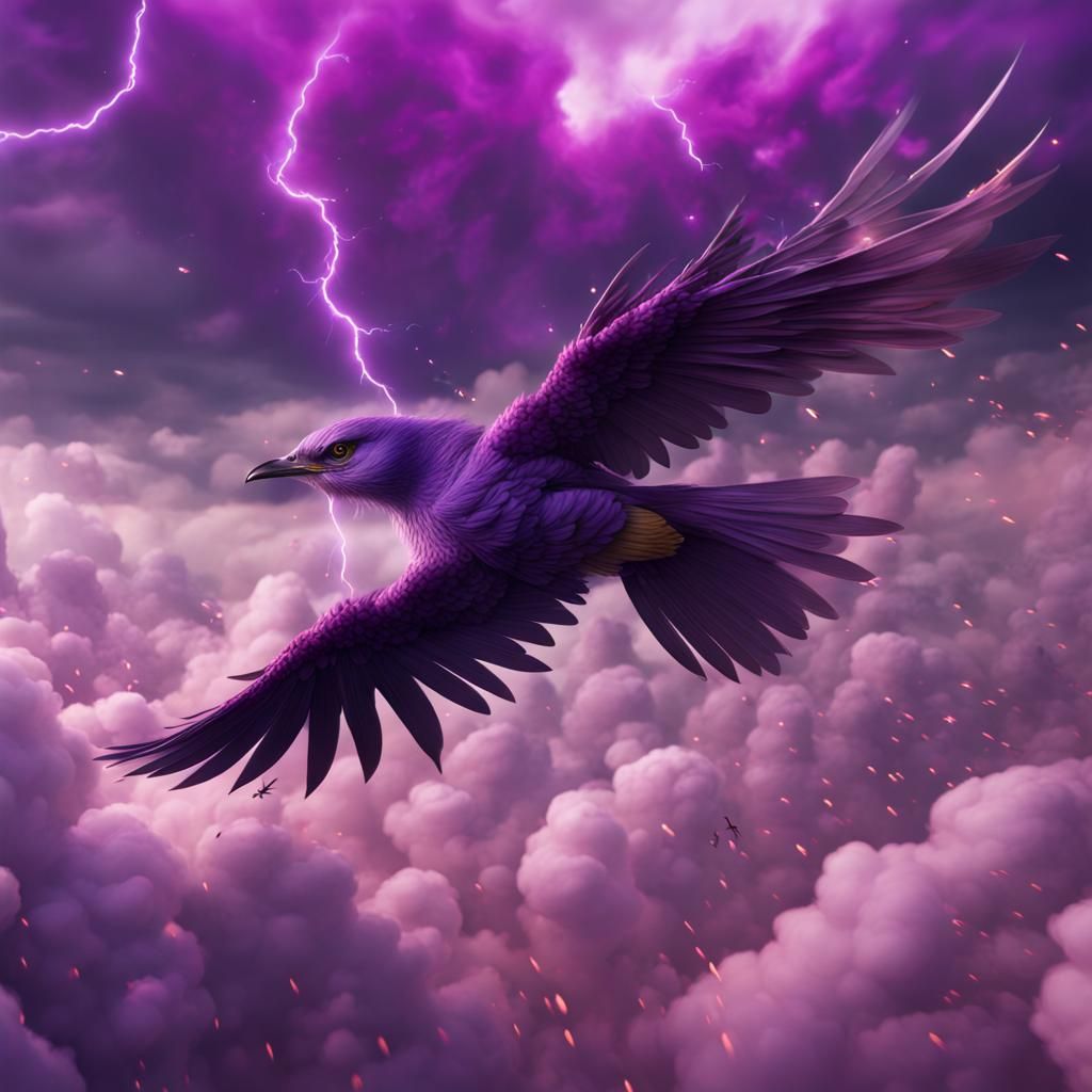 Fantastical Purple Bird in Thunderous Sky