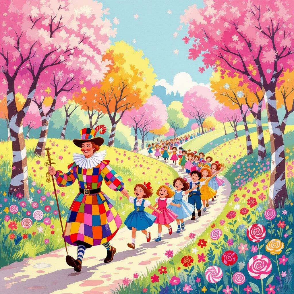 Pied Piper in Dreamlike Fairytale Landscape, Inspired by Eyv...