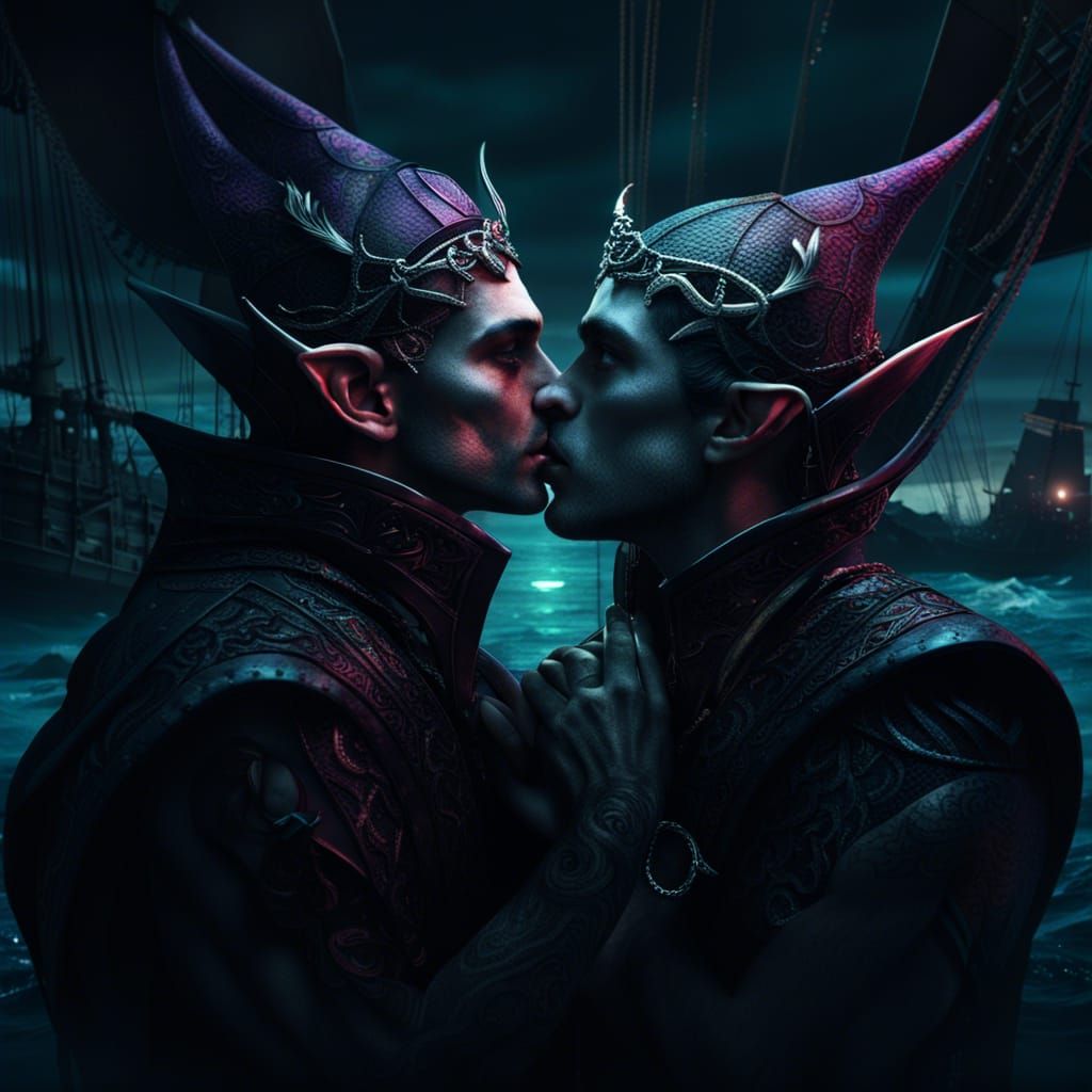 Gay Gothic Elves Kissing at Sea
