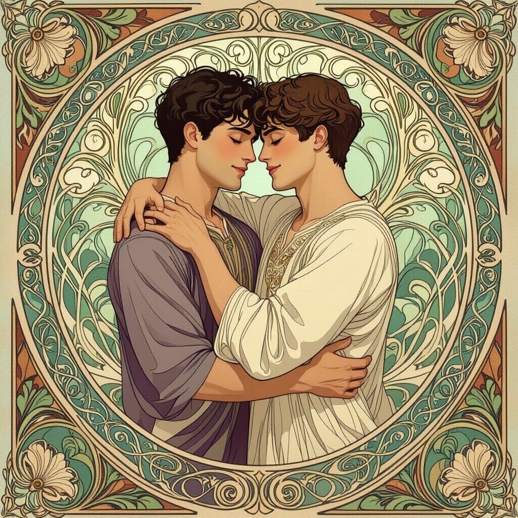 Gay Couple Embrace in Art Nouveau Style