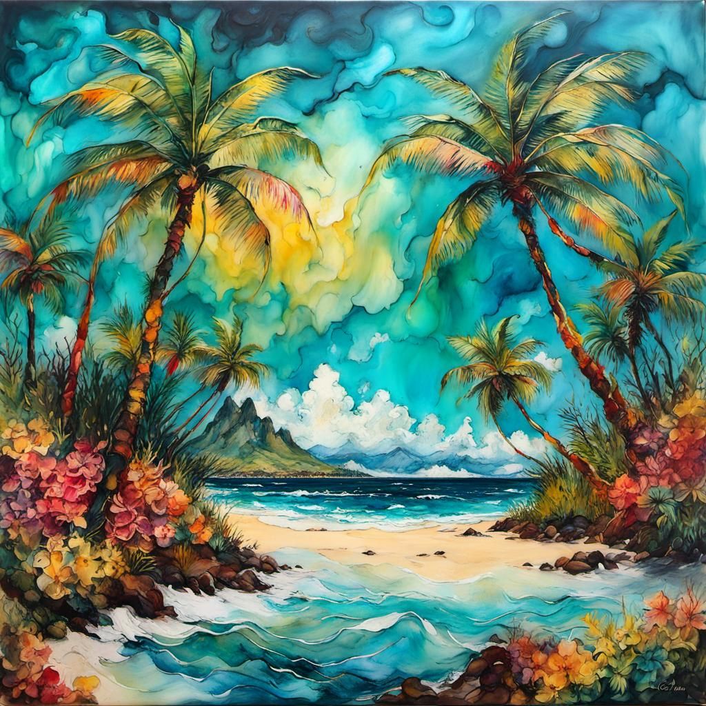 Encaustic Tropical Island in Alcohol Ink Style