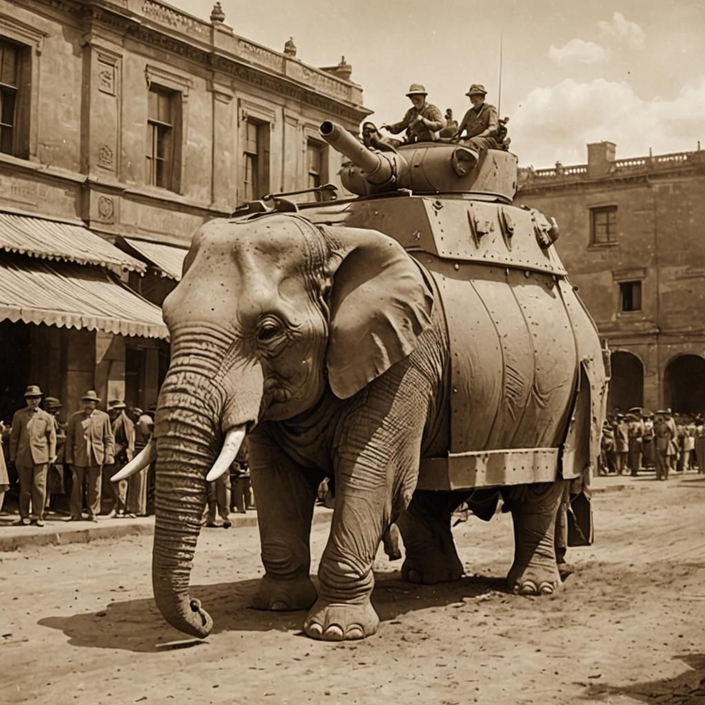 Sepia Photograph of a Tank Disguised as Elephant