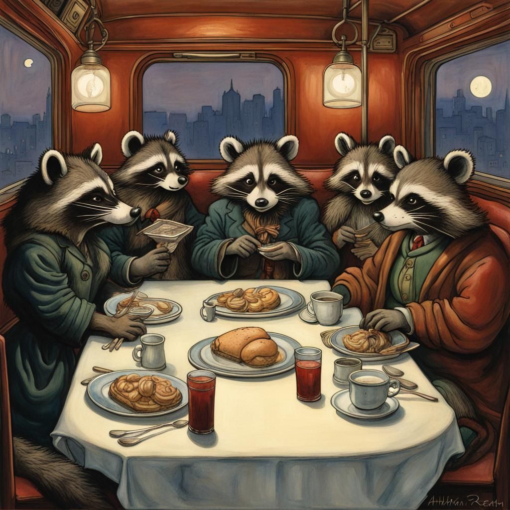 Raccoons at Late Night Diner, Celtic Shin Hanga Art