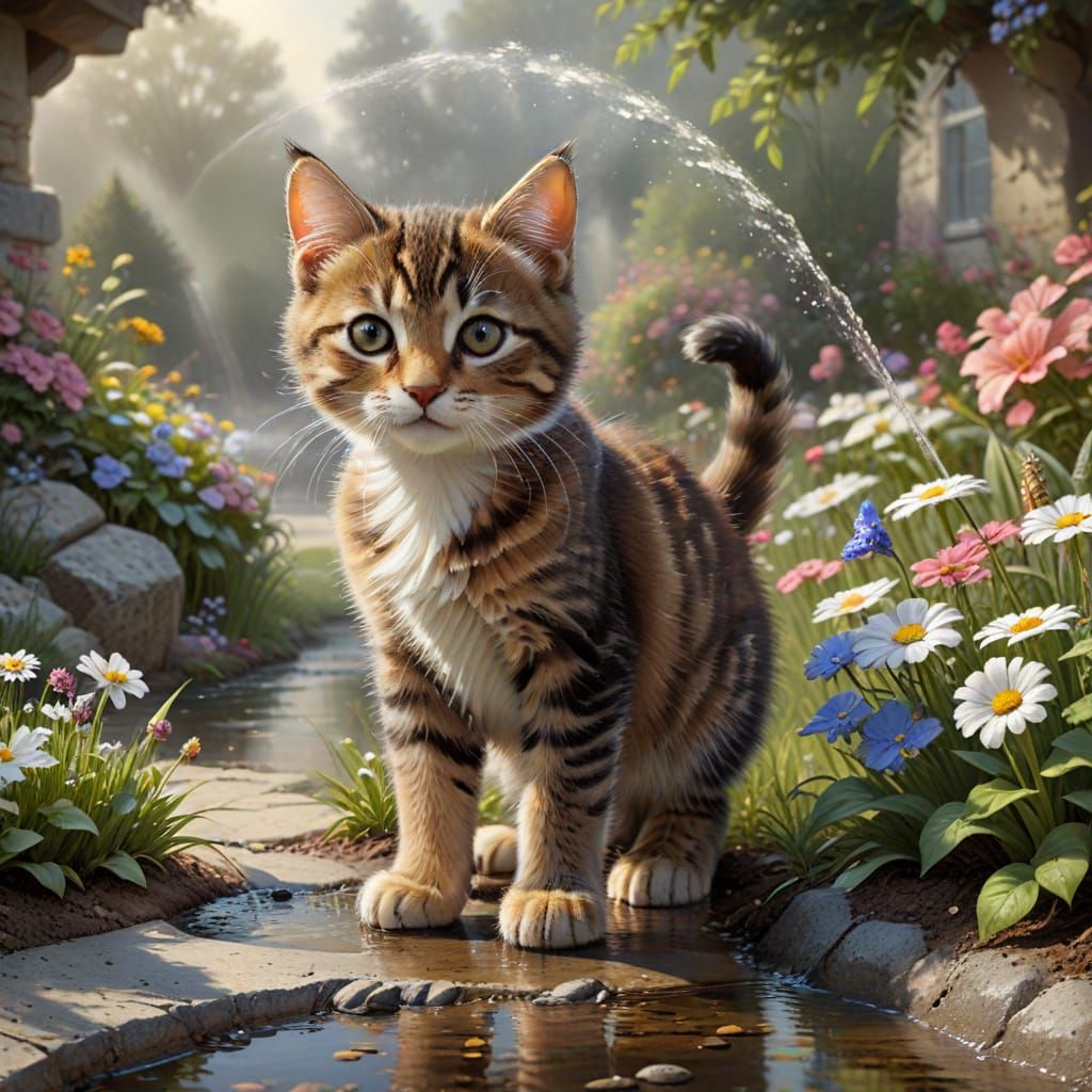 Cute Kitten Watches Water Flow into Blooming Garden