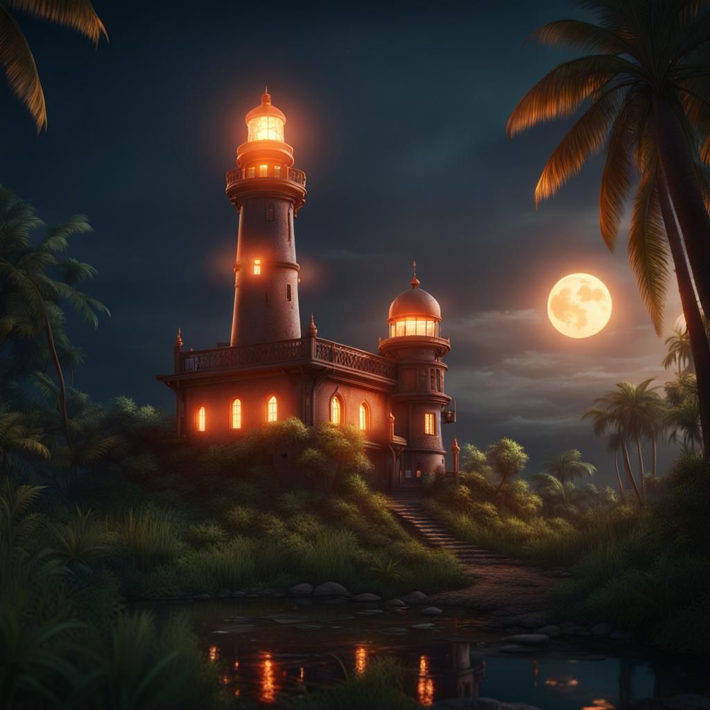 Burning Lighthouse and Jungle Mosque: Detailed Matte Paintin...