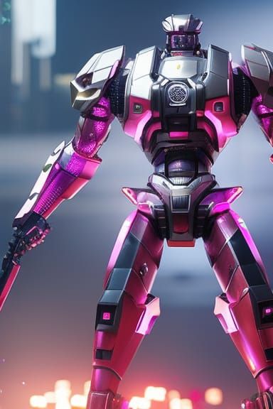 Pink Mecha Robot with Crystalline Armor in Sci-Fi City