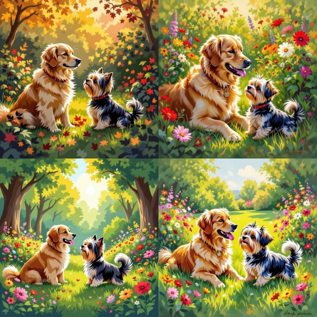 Golden Retriever and Yorkie Play in Green Garden