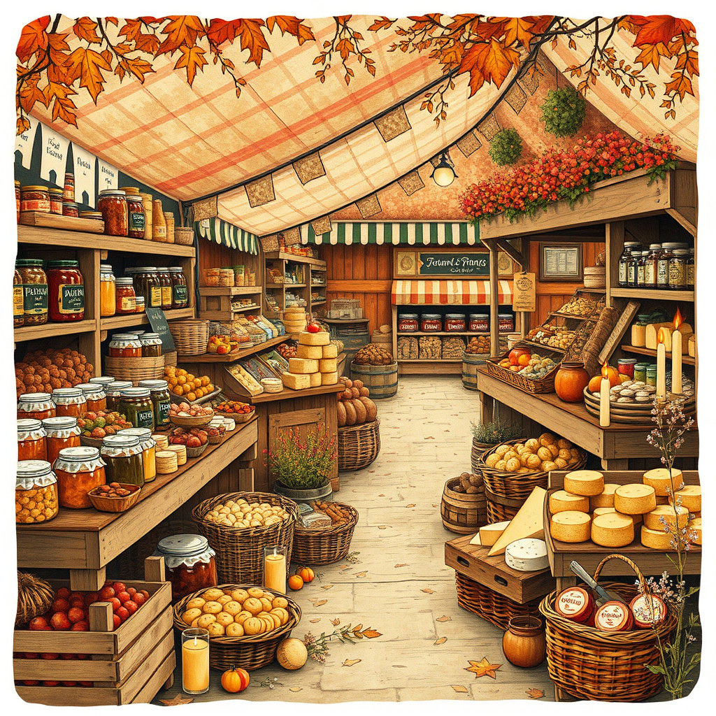Autumn Fair with Artisanal Products in Folk Art Style